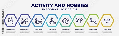 vector infographic design template with icons and 8 options or steps. infographic for activity and hobbies concept. included repairing, resting, knife making, biking, petanque, butterfly catcher,