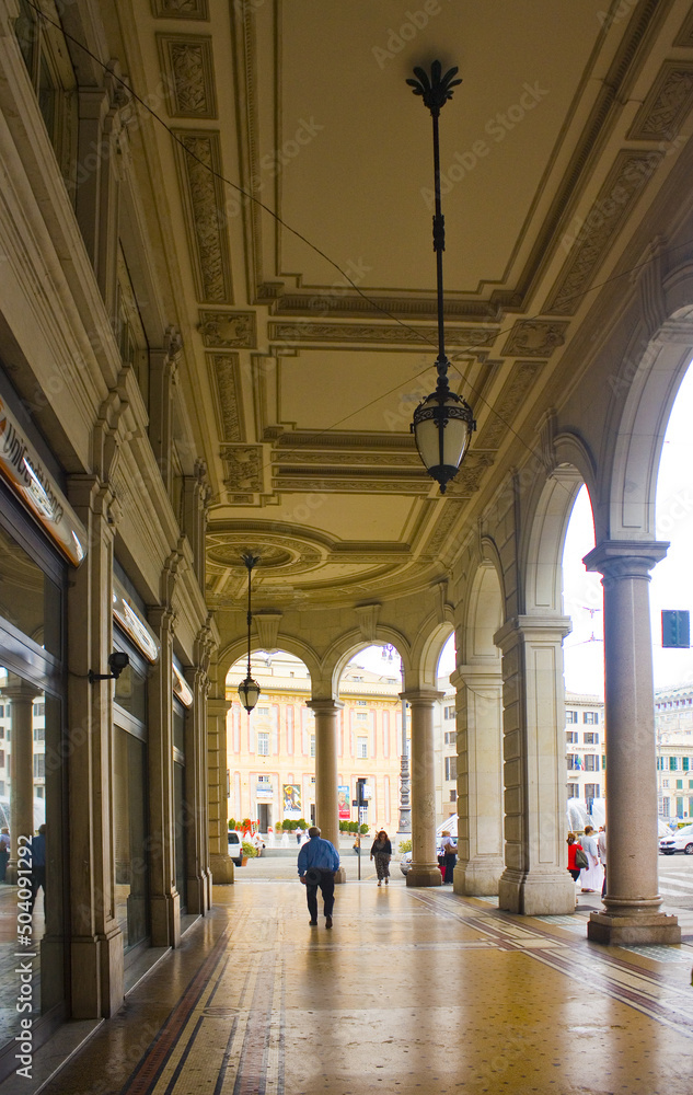 Arched gallery of the Palazzo della Borsa near Piazza de Ferrari in Genoa, Italy