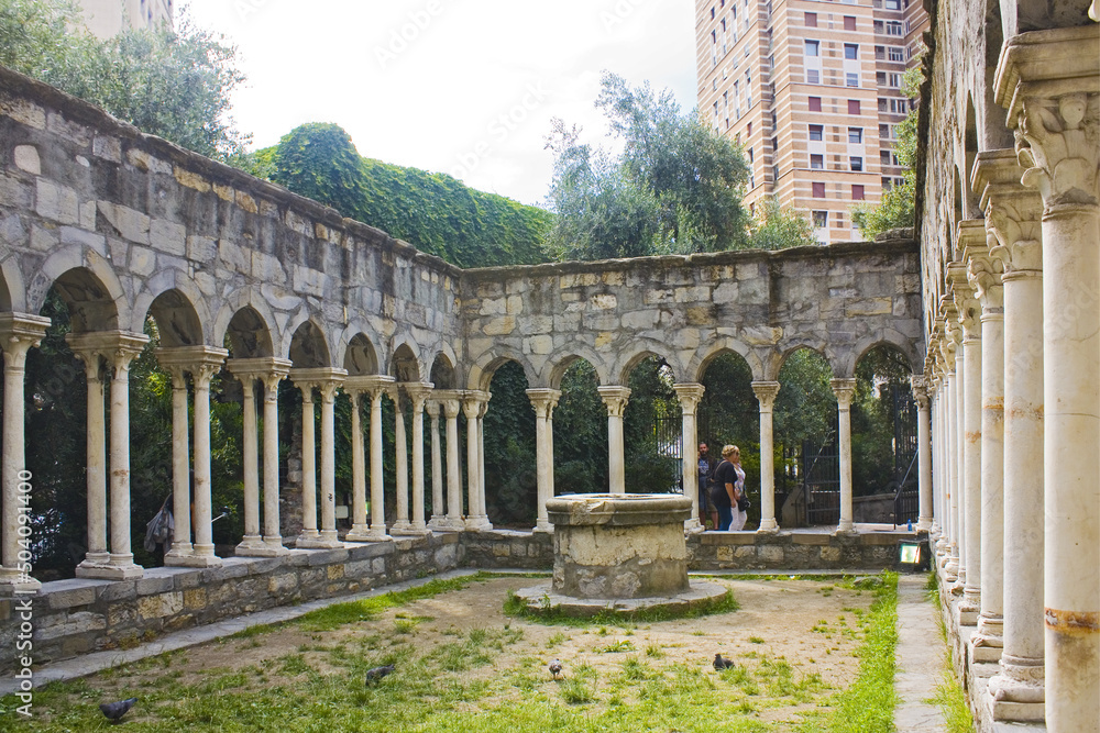 Сolonnade of the St Andrew cloister ruins in Genoa