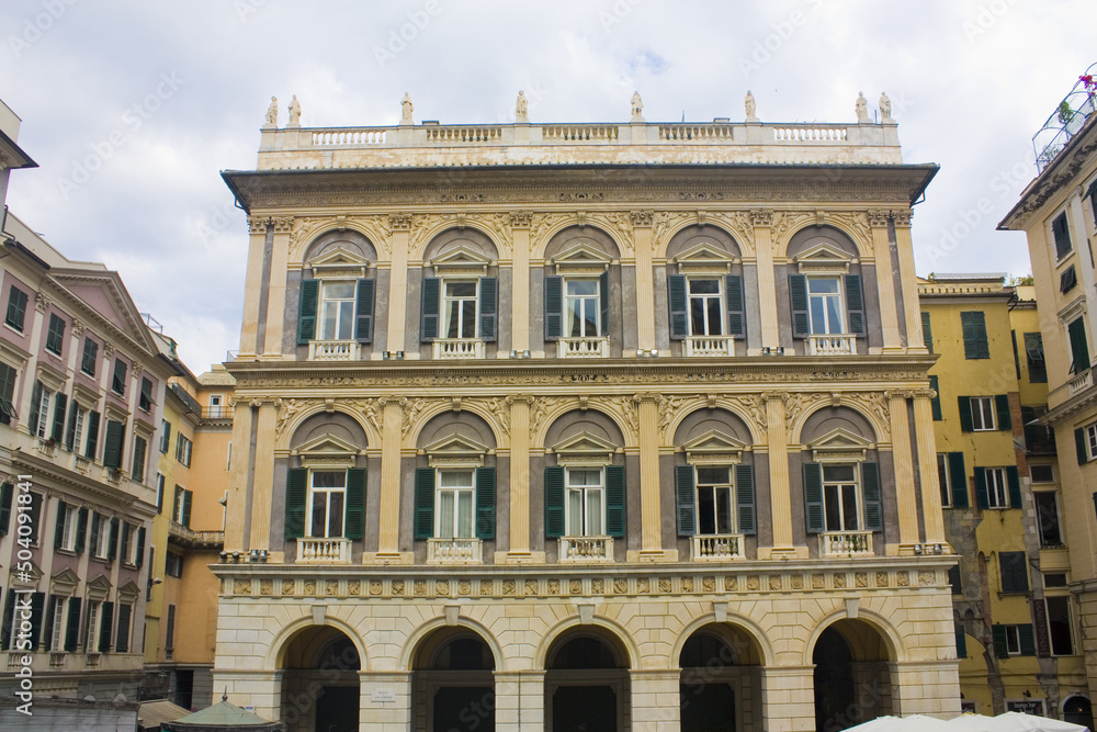 Old building in front of Saint Lawrence (Lorenzo) Cathedral at Via S. Lorenzo in Genoa, Italy
