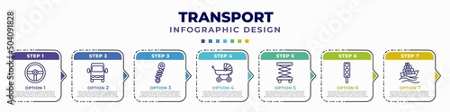 infographic template with icons and 7 options or steps. infographic for transport concept. included steering, van front view, shock breaker, pram, lifter, car traffic, ferry editable vector.