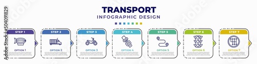 infographic template with icons and 7 options or steps. infographic for transport concept. included blimp, trucking, quad bike, seatbelt, way, semaphore, gearshift editable vector.