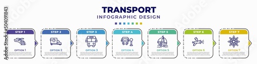 infographic template with icons and 7 options or steps. infographic for transport concept. included small helicopter, carrier, public transport, school bus stop, sailing boat with veils, car