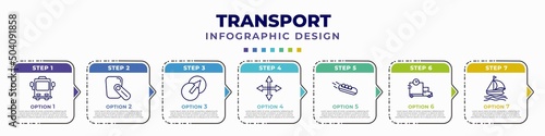 infographic template with icons and 7 options or steps. infographic for transport concept. included bus front with driver, hands free device, transition, movement, bobsleigh, shipping and delivery,