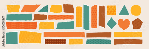 Paper torn shape and washi tape collage pieces. Sellotape scotch and color cutout strip with texture. Craft paper piece vector element, creative scrapbooking collection. Isolated on white background