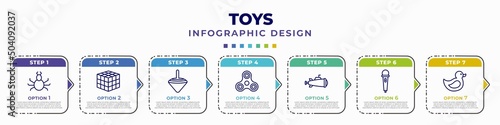 infographic template with icons and 7 options or steps. infographic for toys concept. included spider toy, thinking game toy, spinning top toy, spinner submarine microphone duck editable vector.