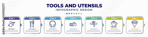 infographic template with icons and 7 options or steps. infographic for tools and utensils concept. included exercise with dumbbells, utensils, headphone variant, battery charging, pipe losing