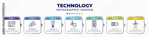 infographic template with icons and 7 options or steps. infographic for technology concept. included , interaction, light bulb idea, cinema light with cable, office printer, baterry, eolic editable