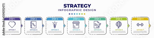 infographic template with icons and 7 options or steps. infographic for strategy concept. included heart, phonebook, creative, store, agreement, , strength editable vector.