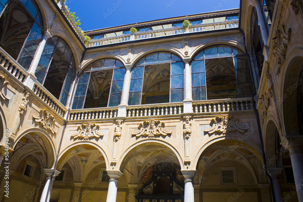 Patio of Palazzo Doria-Spinola or Palazzo Antonio Doria (circa 1543). Nowadays serves as offices of the Prefecture and the Province of Genoa, Italy