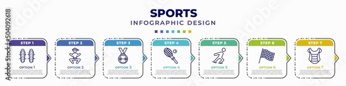 infographic template with icons and 7 options or steps. infographic for sports concept. included shin guards, wushu, weight lifting medal, squash, ice skating, chequered flag, chest guard editable