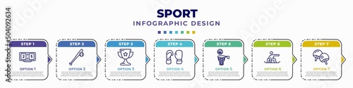 infographic template with icons and 7 options or steps. infographic for sport concept. included scoreboard, baseball, trophy, boxing gloves, basketball, snowboarding, table tennis editable vector.