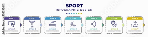 infographic template with icons and 7 options or steps. infographic for sport concept. included football, weightlifter, curling, long jump, archery, volleyball, muscle editable vector.