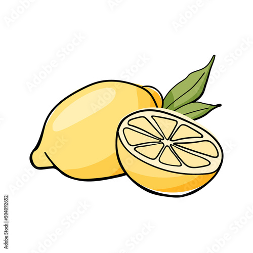 Juicy lemon with slices and green leaf. Graphic Print for Product Packaging related to Perfumery, Soaps, Cosmetics, Herbal Medicine, Aromatherapy Essential Oils. Isolated on white background