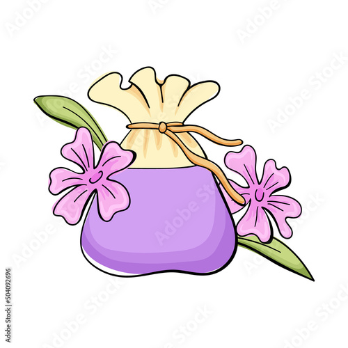 Aroma Textile Sachet Bag with salt and flowers. Graphic Print for Product Packaging related to Perfumery, Soaps, Cosmetics, Herbal Medicine, Aromatherapy Essential Oils. Isolated on white background