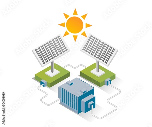 Isometric design concept illustration. solar panels with energy storage
