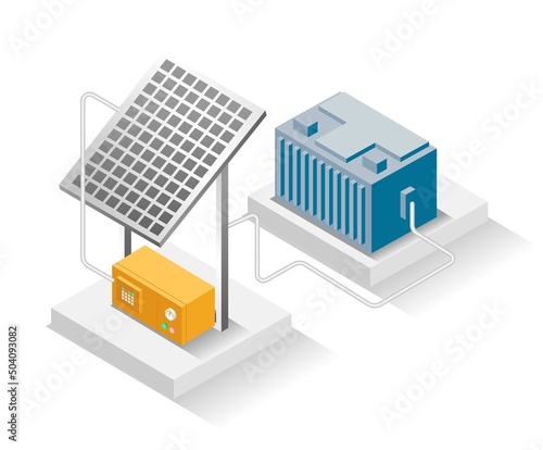 Isometric design concept illustration. solar panel energy storage