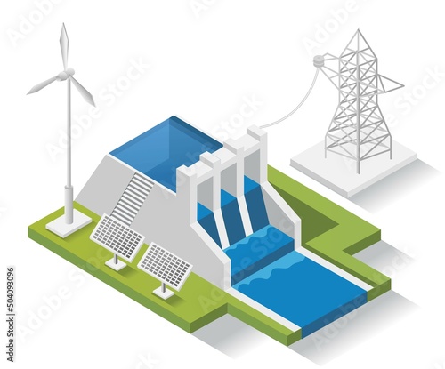 Isometric design concept illustration. solar energy panels with dams