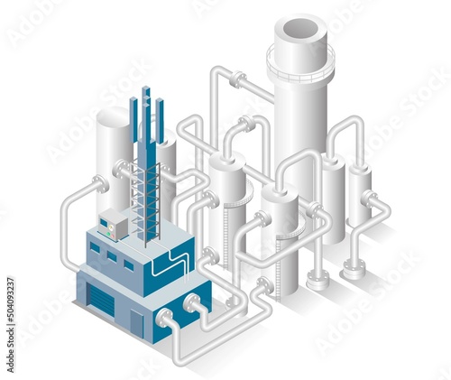 Isometric design concept illustration. oil and gas factory ducts and pipes