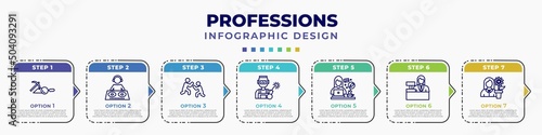 infographic template with icons and 7 options or steps. infographic for professions concept. included archeologist, dj, wrestling, welder, graphic de, clerk, florist editable vector.