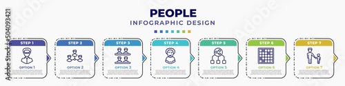 infographic template with icons and 7 options or steps. infographic for people concept. included matrix, businessmen hierarchy, classes, pierrot, user sharing files, family board games, father and