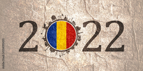 2022 year number with industrial icons around zero digit. Flag of Romania.
