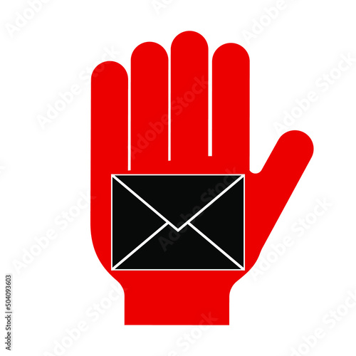 Stop spam, hand and mail envelope on white background, vector illustration