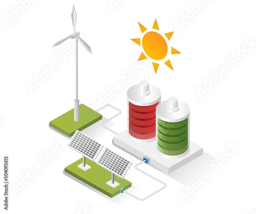 Isometric design concept illustration. batteries store energy from solar panels and windmills