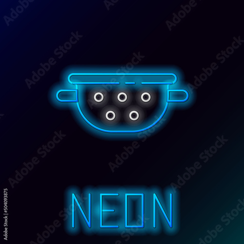 Glowing neon line Kitchen colander icon isolated on black background. Cooking utensil. Cutlery sign. Colorful outline concept. Vector