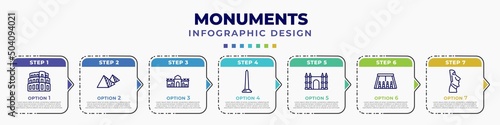 infographic template with icons and 7 options or steps. infographic for monuments concept. included pula arena, egyptian, alcala gate, national mall, spain, abu simbel, easter island editable