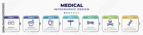 infographic template with icons and 7 options or steps. infographic for medical concept. included nurse cross, phary tool, perfusion, caduceus, hospital bed side view, skull and bone, medical chain