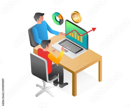 Flat isometric illustration concept. two men having a discussion about business profit and loss