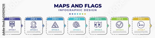 infographic template with icons and 7 options or steps. infographic for maps and flags concept. included taxi stop, locator, land slide, arrow on globe, maps and flags, mark, smoke zone editable