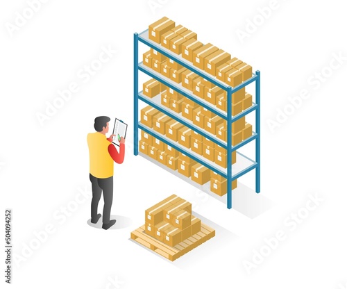 Flat isometric illustration concept. the man takes notes and checks the stock of goods in the warehouse