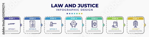 infographic template with icons and 7 options or steps. infographic for law and justice concept. included shotgun, criminal record, case closed, qualified protection, law book, , international law