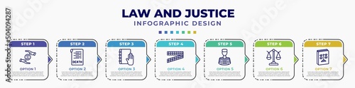 infographic template with icons and 7 options or steps. infographic for law and justice concept. included property and finance, death certificate, law justice, police line, prisoner, adminstrative