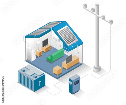 Flat isometric illustration concept. smart home with solar panels and electricity