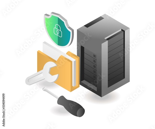 flat isometric illustration concept. server data recovery and maintenance