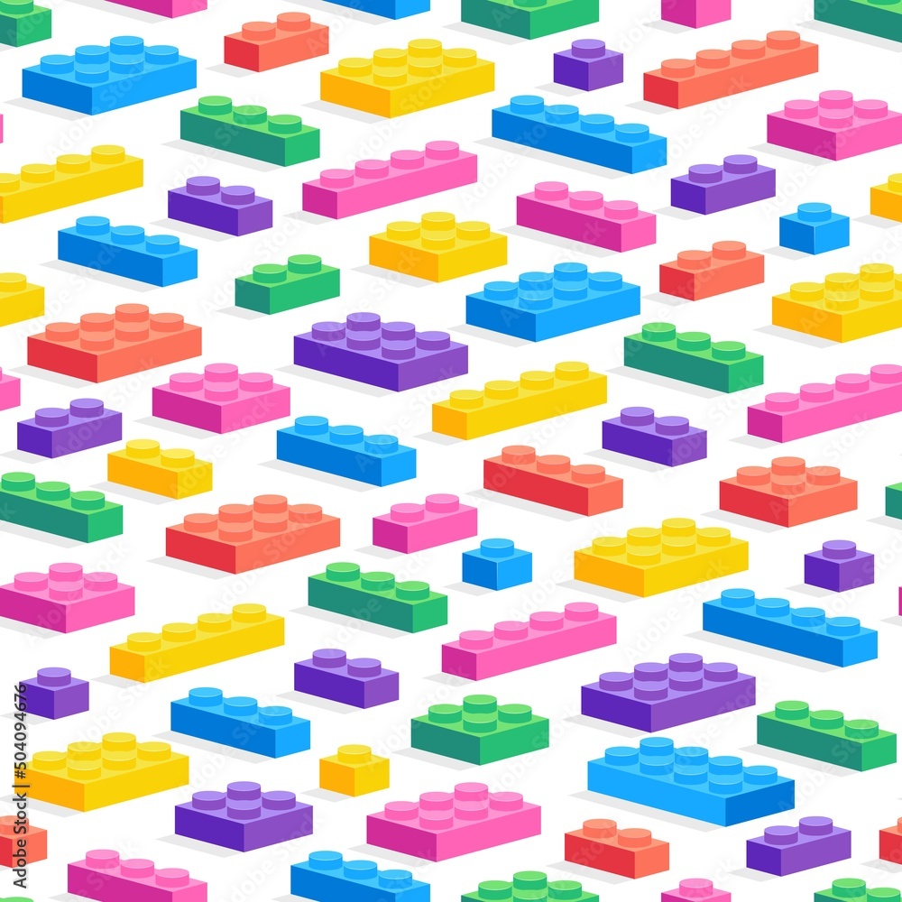 Obraz premium Game constructor pattern. Seamless print of colorful cartoon children plastic block game, geometric brick toy. Vector texture