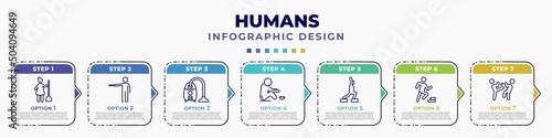 infographic template with icons and 7 options or steps. infographic for humans concept. included woman sweeping, showin, vacuum cleaning, begging, fitness exercises, smortsmen, fighting editable