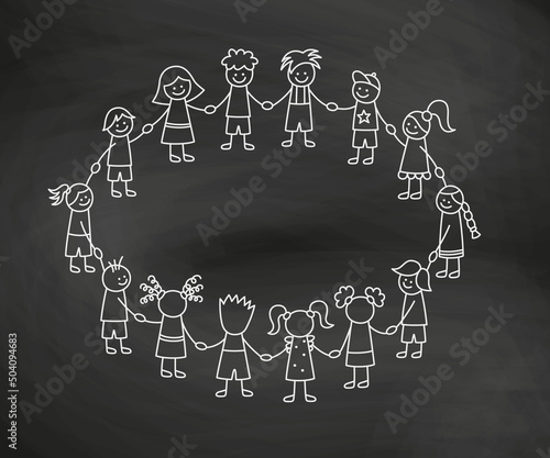 Happy doodle stick children holding hands. Hand drawn funny kids in circle. International friendship concept. Doodle children community. Vector linear illustration on school blackboard background.