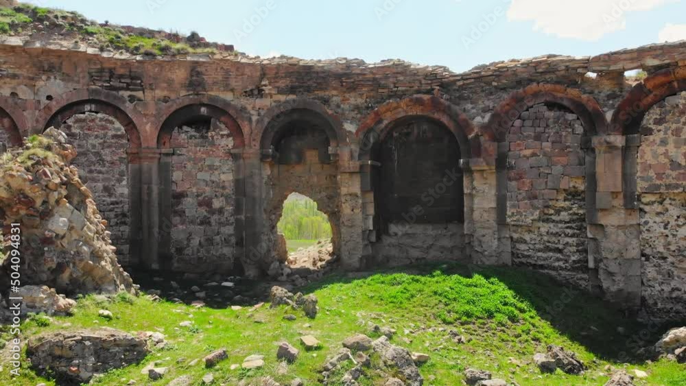 Aerial zoom in view georgian Bana cathedral ruins. Famous georgian landmark in Turkey Aerial zoom in view georgian Bana cathedral ruins. Famous georgian landmark in Turkey