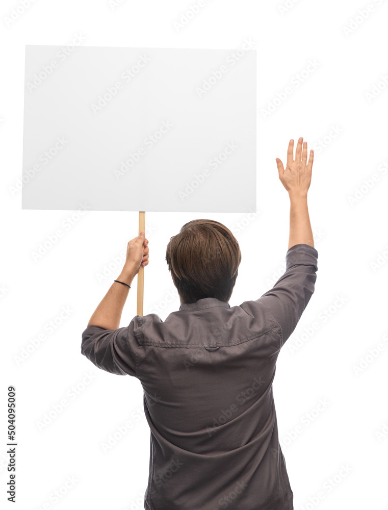 people and human rights concept - man with poster protesting on demonstration and showing stop gesture over white background people and human rights concept - man with poster protesting on demonstration and showing stop gesture over white background