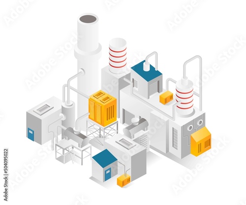 Flat isometric illustration concept. oil and gas industry with chimneys and pipelines