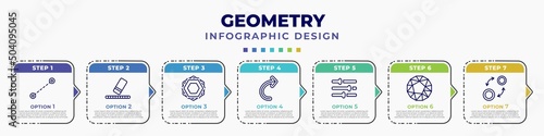infographic template with icons and 7 options or steps. infographic for geometry concept. included lengthen, erase, fillet, undo, adjust, dodecahedron, insert editable vector.