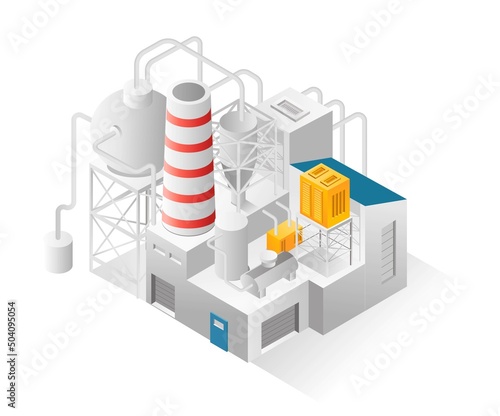 Flat isometric illustration concept. oil and gas industrial machine with many tanks and pipelines