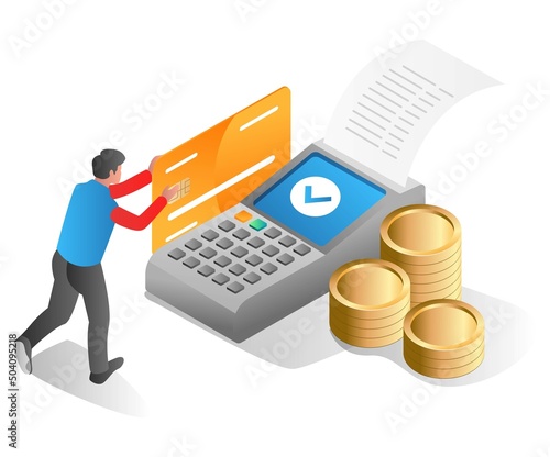 Flat isometric illustration concept. man doing transaction with atm card for payment