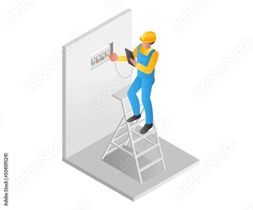 Flat isometric illustration concept. man checking electrical plug malfunction