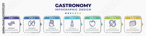 infographic template with icons and 7 options or steps. infographic for gastronomy concept. included bacon, aroni, floss, salt shaker, persimmon, dough, lasagne editable vector.