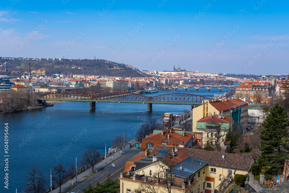 Houses with traditional red roofs in Prague, Panoramic city skyline, Scenic aerial panorama of the Old Town architecture in Prague, Czech Republic
